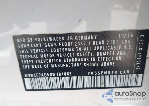 2016 Volkswagen Golf R 4-Door z USA, uszkodzony, nr VIN WVWLF7AU5GW184865